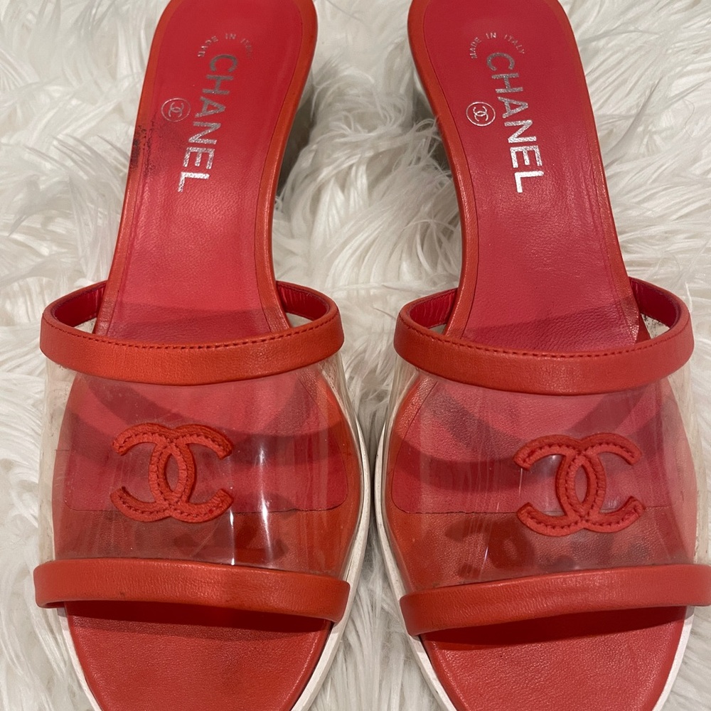 Chanel Red Sandals with Transparent Logo and Block Heel